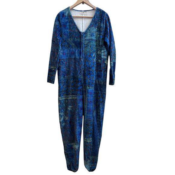 Natural Life Oversized Fleece Blue Patchwork V Neck Jumpsuit Pajamas XS Cozy - Picture 4 of 12